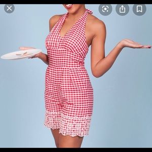 Red gingham halter romper with embroidered hem